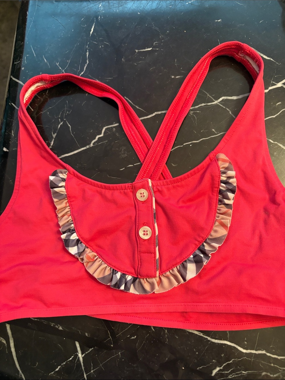 Authentic Girls Burberry Red Racerback Swim Top with Plaid Ruffle Accent